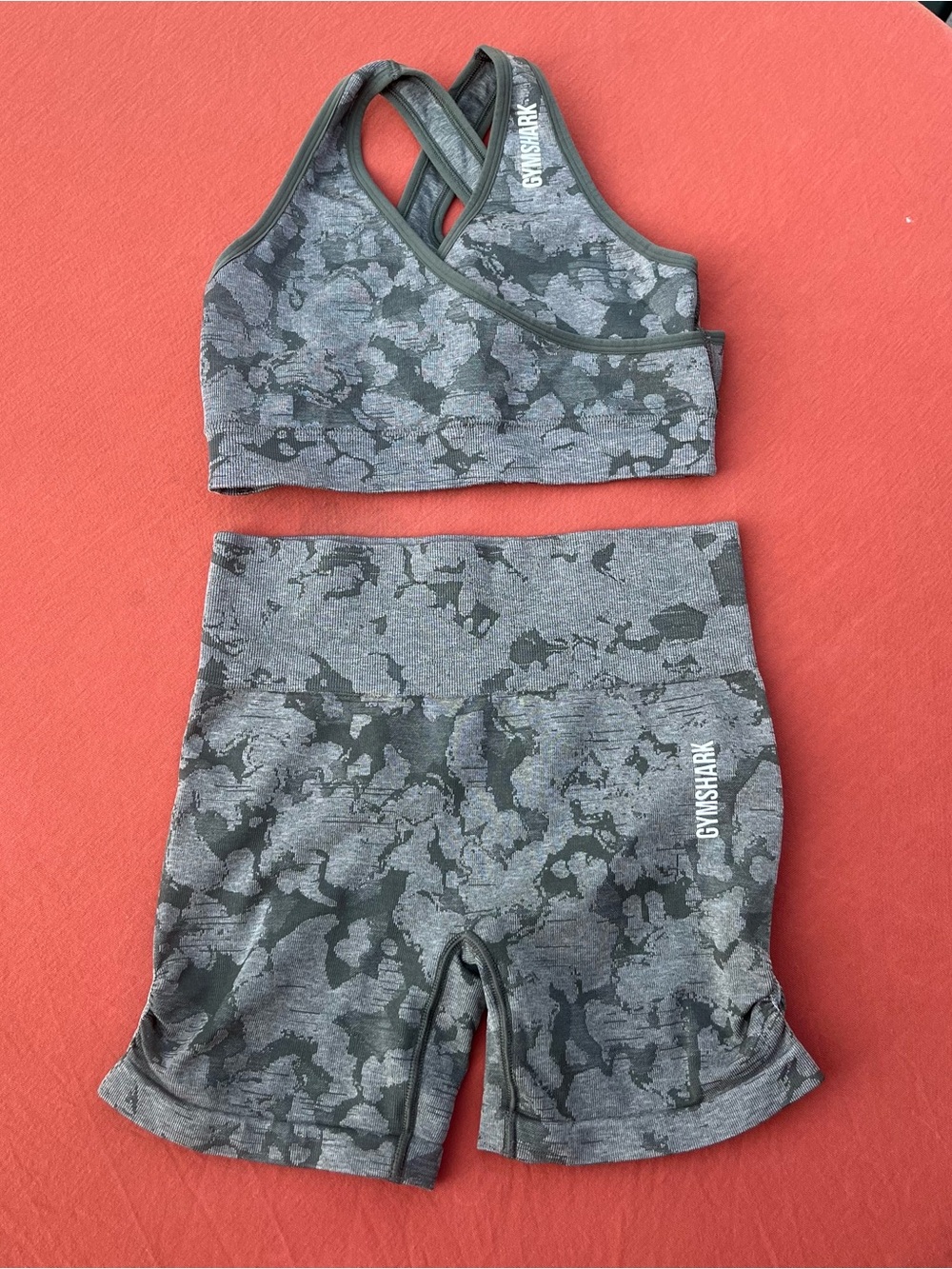 Gymshark Green Camo Seamless Cross-Back Sports Bra & High-Waist Shorts